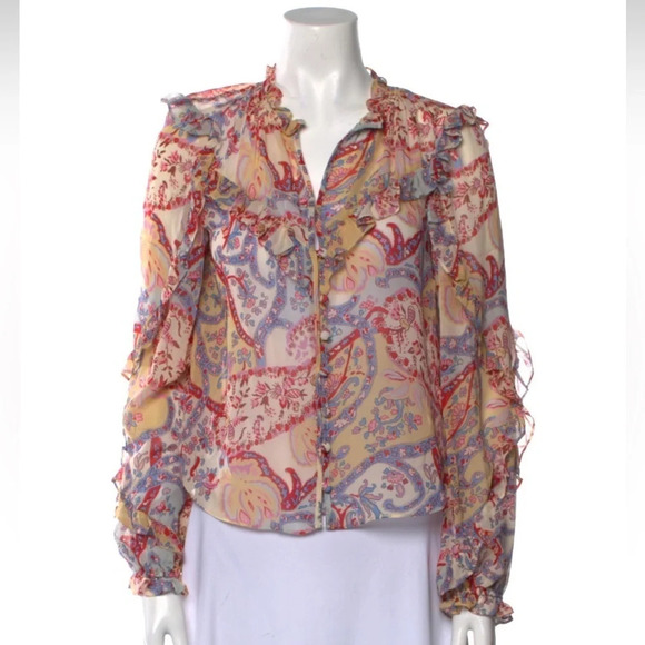 Veronica Beard Andri Paisley Print Silk Chiffon Ruffle Sleeve Sheer Blouse 2 - Picture 6 of 12